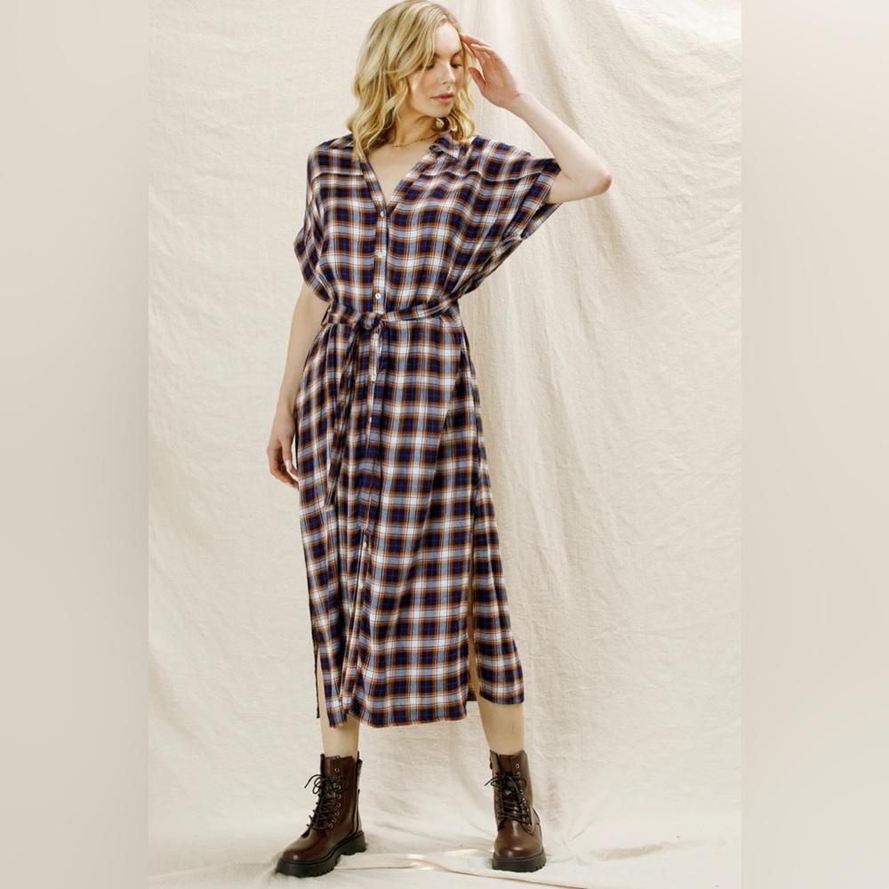 En Creme Plaid Dress Blue Mustard Orange Button Down Cuff sleeve S‎ midi